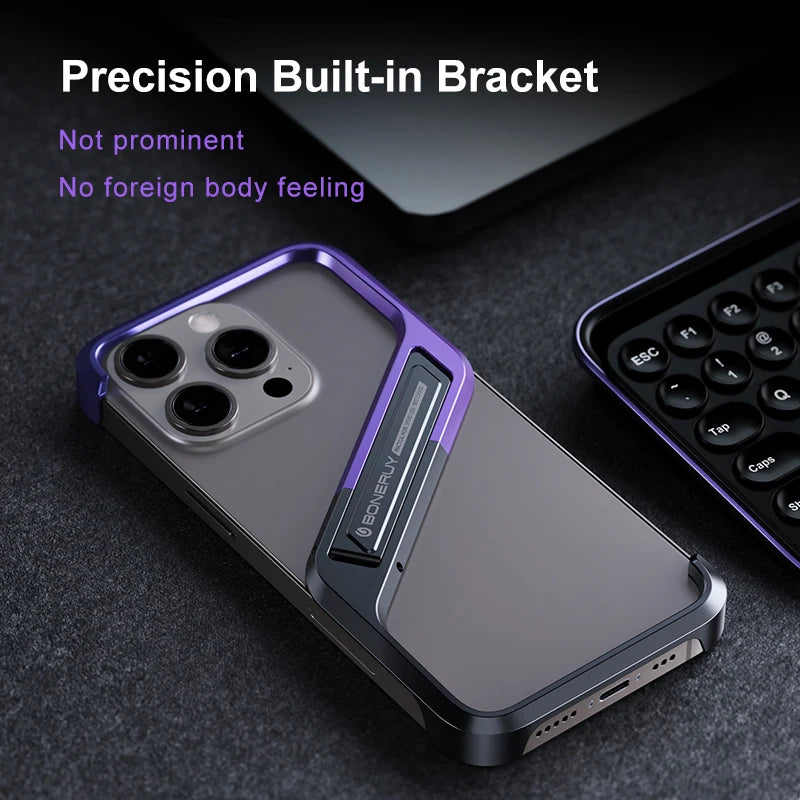 Premium Metal Phone Case for iPhone 14/15 Pro Max - Geometric Design with Hidden Stand