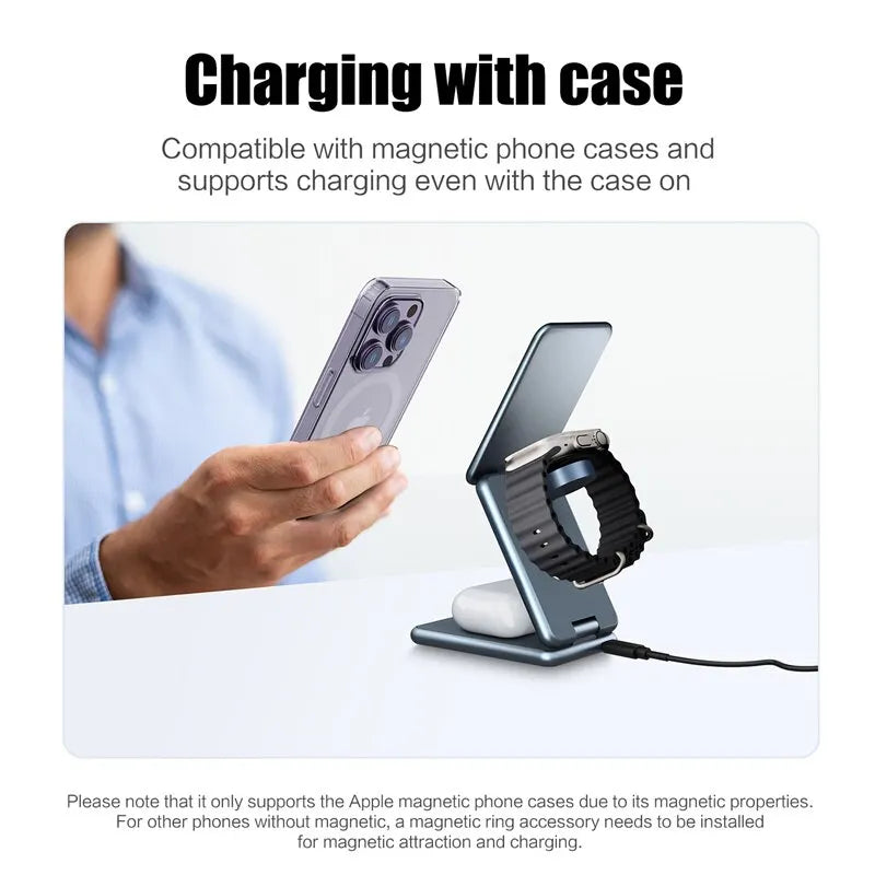 One Smart Solution: The Innovative 3 In 1 Magnetic Wireless Charger Stand Pad for iPhone, iWatch and AirPods.