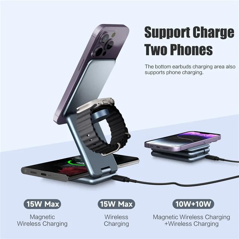 One Smart Solution: The Innovative 3 In 1 Magnetic Wireless Charger Stand Pad for iPhone, iWatch and AirPods.