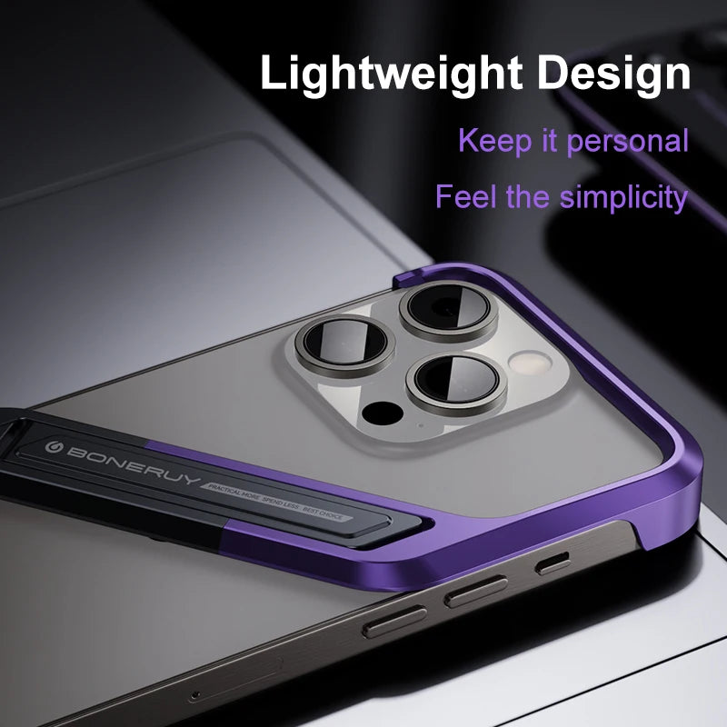 Premium Metal Phone Case for iPhone 14/15 Pro Max - Geometric Design with Hidden Stand