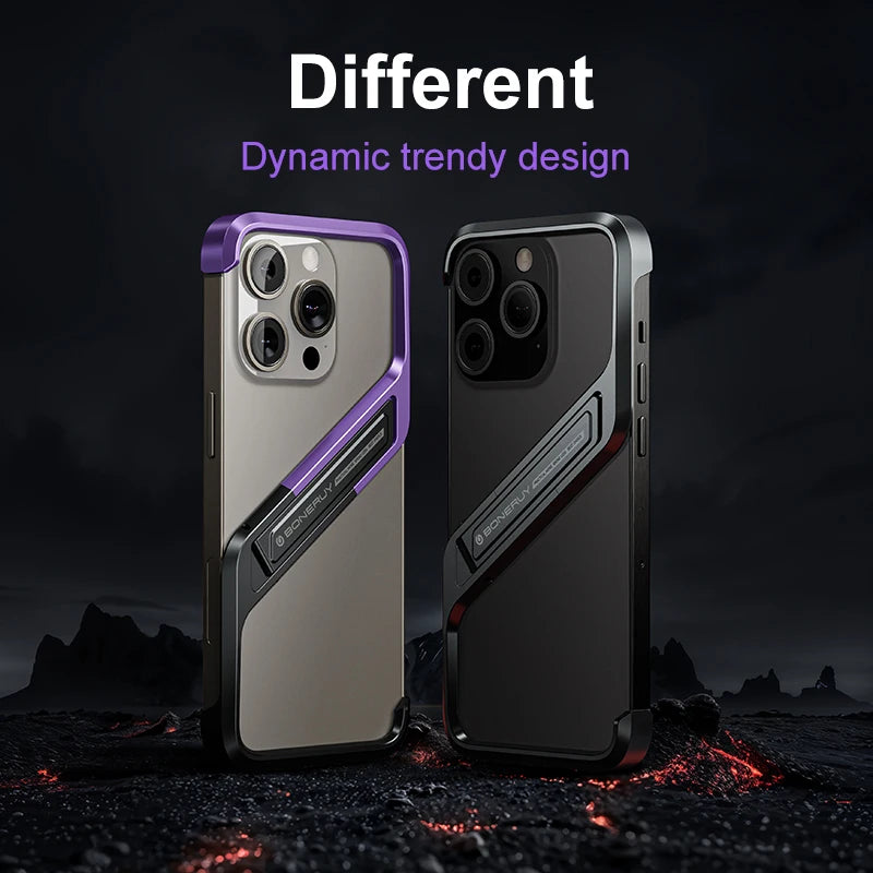 Premium Metal Phone Case for iPhone 14/15 Pro Max - Geometric Design with Hidden Stand