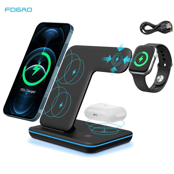 3 in 1 15W Qi Fast Wireless Charger Pad Dock Station For iPhone, AirPods and Apple Watch